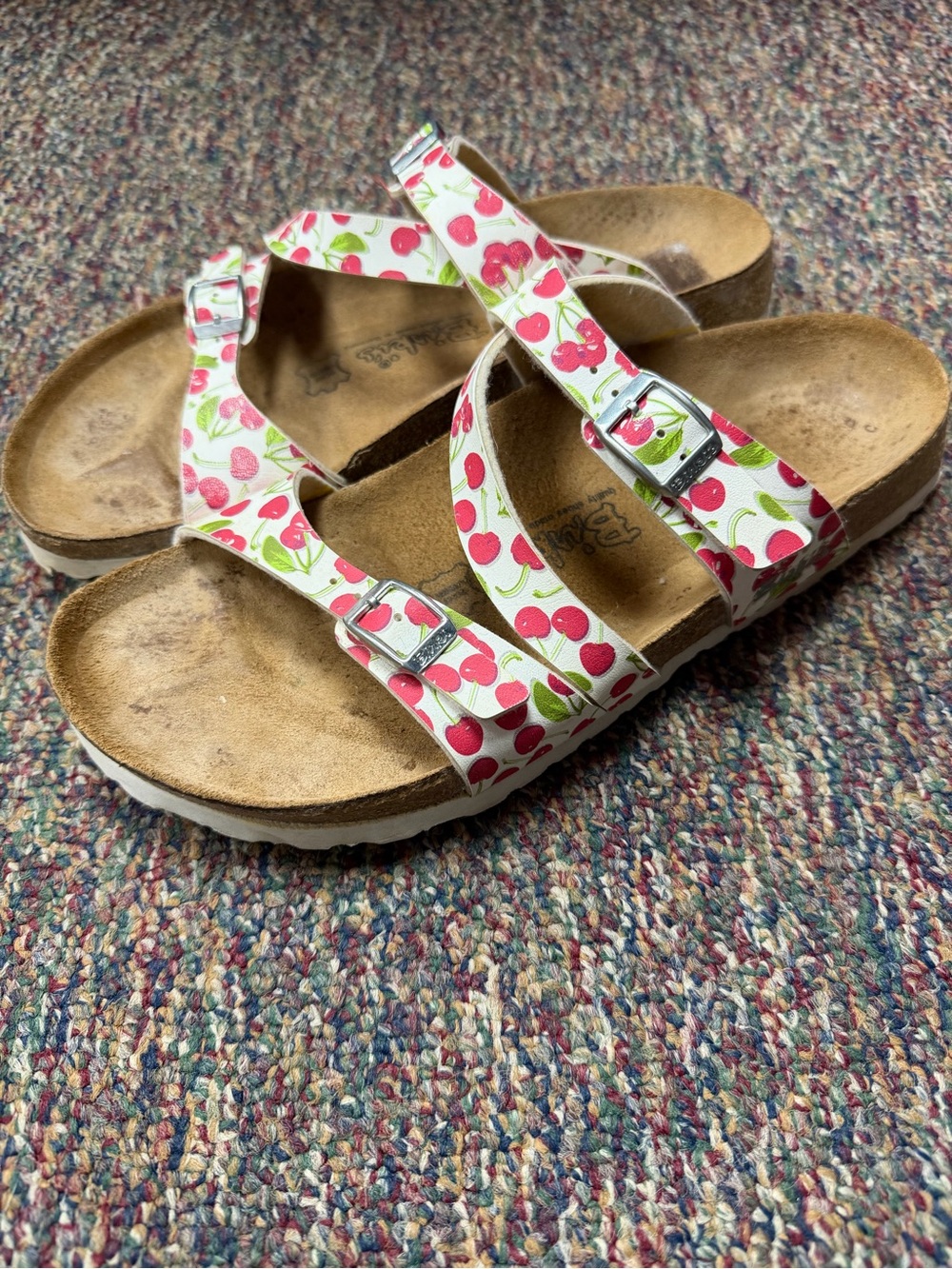 Birkenstock White Cherry-Print Buckle Sandals